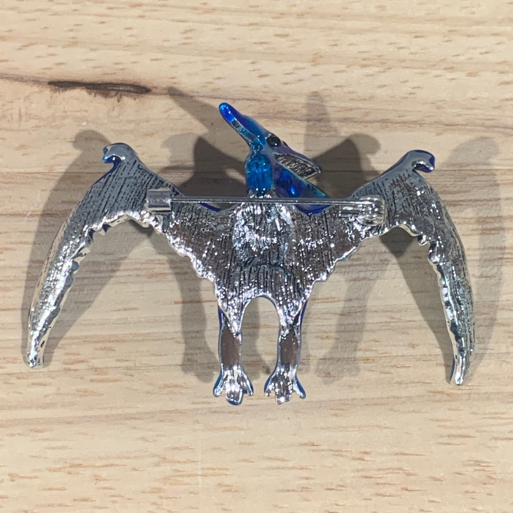 Blue Enamel Pterodactyl Dinosaur Brooch Pin Rhinestone Whimsical Statement Gift - Picture 4 of 6